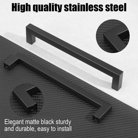 10 Pack Matte Black Cabinet Handles Stainless Steel Drawer Pulls For Kitchen Cabinets Bathroom Cupboards Dresser Wardrobe With 7 Inch Hole Centers, Bulk Pack