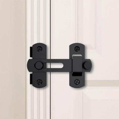 Stainless Steel Door Lock For Barn Doors Rust Resistant Sliding Barn Door Latch installed on white door. Matte black finish.