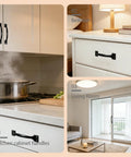 Six Pack Five Point Six Inch Cabinet Pulls And Door Handles In Matte Black Stainless Steel installed on white kitchen cabinets