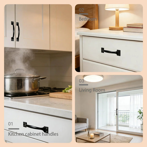 Six Pack Five Point Six Inch Cabinet Pulls And Door Handles In Matte Black Stainless Steel installed on white kitchen cabinets