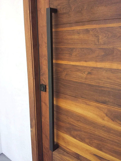 Matte Black 304 Stainless Steel Double Sided Door Pull Push Handles For Commercial Entrances 70 Inch Long on wooden door