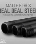 Matte black steel plumbing pipe schedule 40, close-up view, suitable for industrial use, featuring threaded ends.