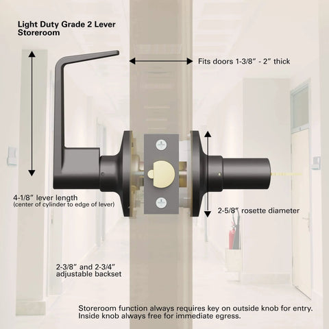 Diagram of Brinks Commercial 4 Pack Light Duty Keyed Door Entry Storeroom Lever Matte Black showing dimensions and installation details