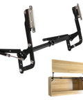 Vertical Lift Hinge, Vertical Swing Lift Pneumatic Arm Kitchen Mechanical Hinge Slow Closing, shown with installed cabinet