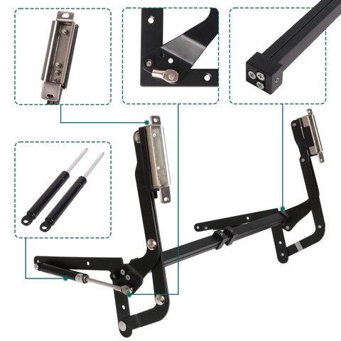 2PCS Vertical Lift Hinge components, showing pneumatic arms, steel and aluminum parts for kitchen cabinets, matte black finish