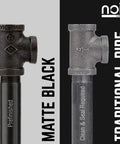 Comparison of matte black pre-finished pipe and traditional rough pipe for industrial decor projects.
