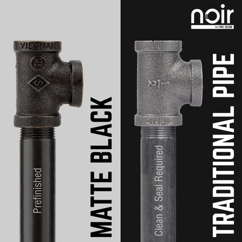 Comparison of matte black pre-finished pipe and traditional rough pipe for industrial decor projects.