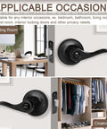 Six Pack Matte Black Door Handles Privacy Levers installed on interior doors, showing use in meeting room and cloakroom.