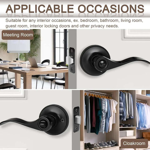 Six Pack Matte Black Door Handles Privacy Levers installed on interior doors, showing use in meeting room and cloakroom.