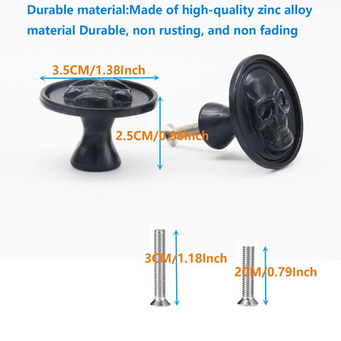 Matte Black Zinc Skull Cabinet Knobs For Drawers Doors And Furniture Hardware, front view with size and screws