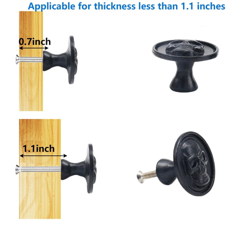 Matte Black Zinc Skull Cabinet Knobs For Drawers Doors And Furniture, side and front view with two screw lengths shown.