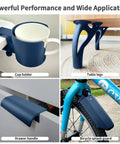 Different uses of Carbon Fiber Reinforced PETG 1.75mm Matte Blue 1kg 3D Printer Filament, including cup holder, table legs, drawer handle, and bicycle splash guard