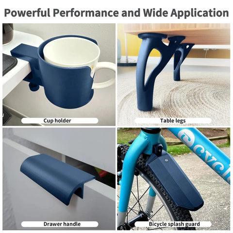Different uses of Carbon Fiber Reinforced PETG 1.75mm Matte Blue 1kg 3D Printer Filament, including cup holder, table legs, drawer handle, and bicycle splash guard