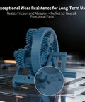 Blue 3D-printed gear made from Carbon Fiber Reinforced PETG 1.75mm Matte Blue 1kg 3D Printer Filament highlighting wear resistance.