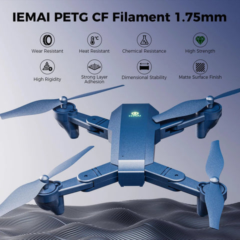 Drone showcasing IEMAI Carbon Fiber Reinforced PETG 1.75mm Matte Blue 1kg 3D Printer Filament applications and durability features.