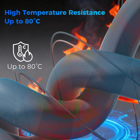 Close-up of Carbon Fiber Reinforced PETG 1.75mm Matte Blue 1kg 3D Printer Filament showcasing heat resistance up to 80°C with flames.
