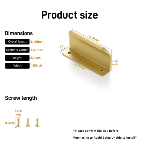 Edge Finger Tab Cabinet Pulls Pack of 10 Aluminum Hidden Door Handles and Concealed Drawer Pulls in Modern Matte Brass with dimensions