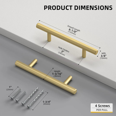 Solid Iron Cabinet Pulls 3 Inch Matte Gold Handles for Kitchen Cabinets dimensions and screws display
