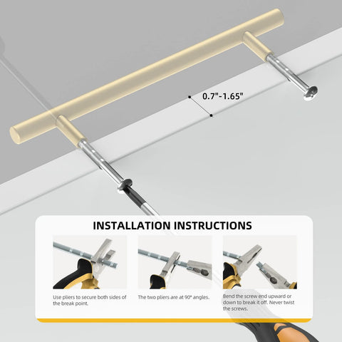Installation instructions for Solid Iron Cabinet Pulls 3 Inch Matte Gold Handles showing measurements and pliers use.