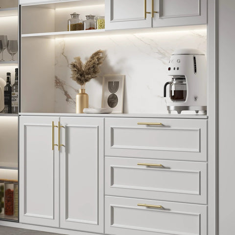White kitchen cabinets with Solid Iron Cabinet Pulls 3 Inch Matte Gold Handles for Kitchen Cabinets Drawer Dresser Cupboard Bedroom Hardware 10 Pack Corrosion Resistant Coating Sturdy Construction For Long Term Use Premium Protective Finish And Elegant Matte Gold Look installed on drawers and doors.