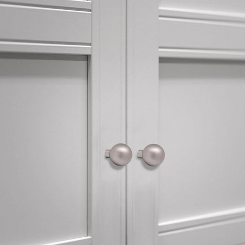 5 Pack Matte Gray Cabinet Knobs 0.94 Inch Diameter Zinc Alloy Round Ball Drawer Pulls With Screws installed on white cabinet doors