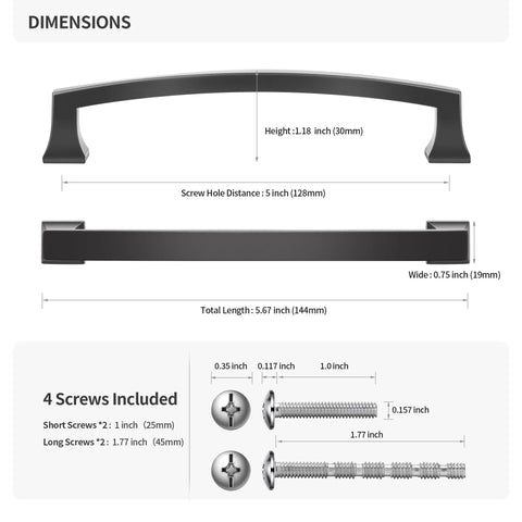 Matte Dark Gunmetal Gray 5 Inch Hole Center Cabinet Pulls 10 Pack dimensions diagram with screws included.