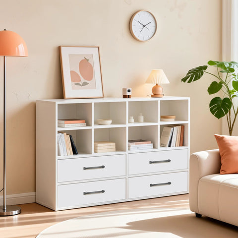 Matte Dark Gunmetal Gray 5 Inch Hole Center Cabinet Pulls 10 Pack Solid Arch Drawer Handles attached to a white cabinet in a living room.