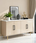 Matte Dark Gunmetal Gray 5 Inch Hole Center Cabinet Pulls on beige cabinet in modern room with decor.
