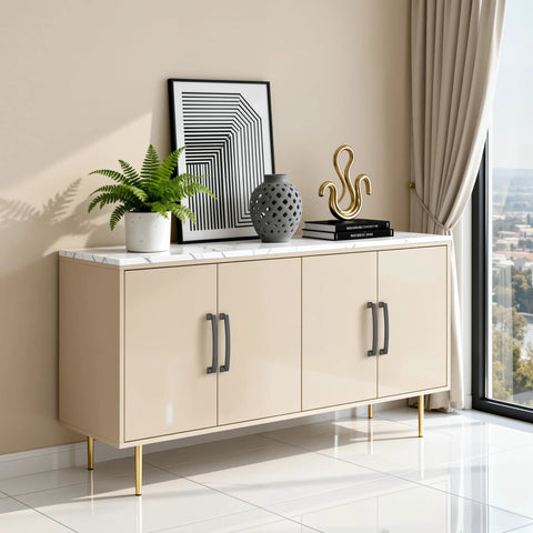 Matte Dark Gunmetal Gray 5 Inch Hole Center Cabinet Pulls on beige cabinet in modern room with decor.