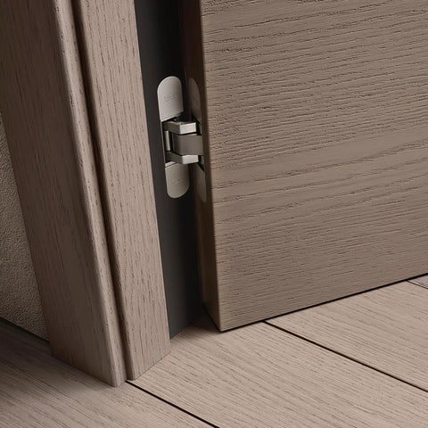 Three Way Adjustable Invisible Hinges For Hidden Doors Concealed Hinges Slick Zinc Alloy 180 Degree Swing Matte Silver installed