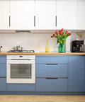 Modern kitchen with white cabinets and blue drawers featuring 10 Pack Edge Drawer Pulls For Cabinets Matte White Aluminum Finger Pulls