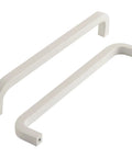 Five Pack White Kitchen Cupboard Handles With Seven And A Half Inch Hole Center Modern Dresser And Drawer Pulls, square rod design, matte white aluminum.