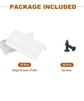 Package contents showing 10 Pack Edge Drawer Pulls For Cabinets Matte White Aluminum Finger Pulls with screws