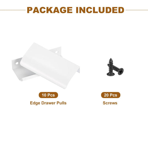 Package contents showing 10 Pack Edge Drawer Pulls For Cabinets Matte White Aluminum Finger Pulls with screws