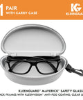 Maverick V30 Safety Glasses With Clear Lenses Anti Fog Coating Black Frame Case in open grey case