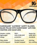Maverick V30 Safety Glasses With Clear Lenses Anti Fog Coating Black Frame Case displayed against a branded background