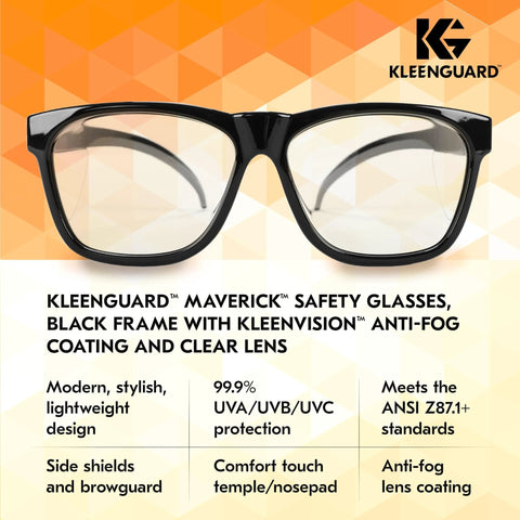 Maverick V30 Safety Glasses With Clear Lenses Anti Fog Coating Black Frame Case displayed against a branded background