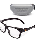 Maverick V30 Safety Glasses With Clear Lenses Anti Fog Coating Black Frame Case, shown with protective carrying case.