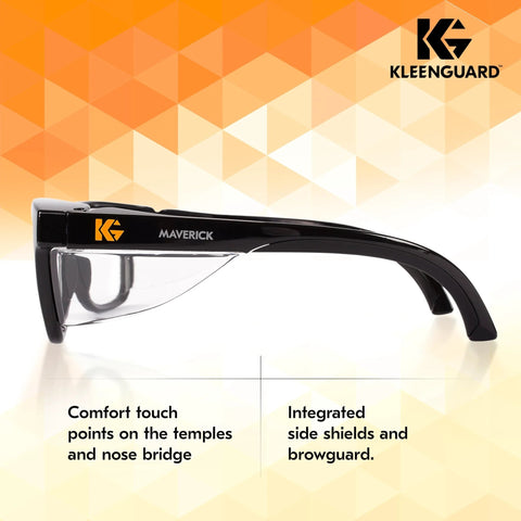 Side view of Maverick V30 Safety Glasses with clear lenses and anti-fog coating, black frame, showing temple and nose bridge design.