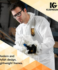 Worker wearing Maverick V30 Safety Glasses With Clear Lenses Anti Fog Coating Black Frame Case in industrial setting