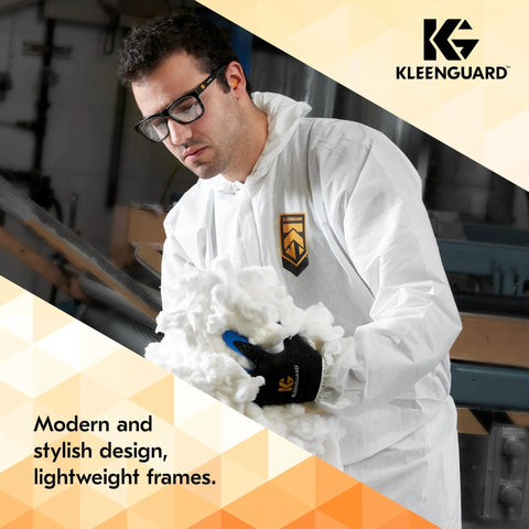 Worker wearing Maverick V30 Safety Glasses With Clear Lenses Anti Fog Coating Black Frame Case in industrial setting