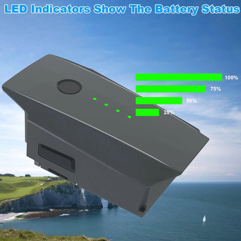 Two Pack 3830mAh 11.4V Intelligent Flight Batteries For Mavic Pro Series Including Pro, Pro Platinum, And Pro White Replacement Power For Extended Flight Time, Smart Battery Features, And Strict Quality Testing For Safe, Reliable Operation showing LED indicator lights against a coastal landscape.