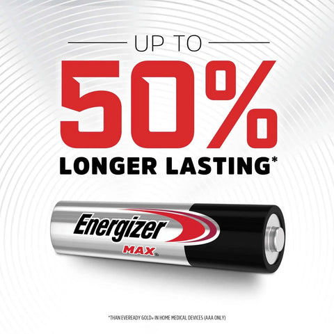 Energizer MAX AAA battery with 'Up to 50% Longer Lasting' text on white background