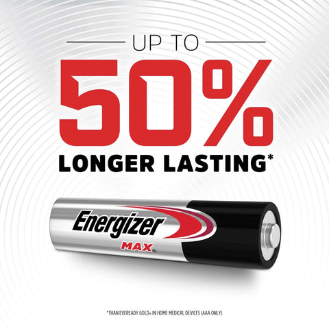 Energizer Max AAA battery with text 'Up to 50% Longer Lasting' showcasing extended durability for various devices.