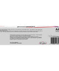 Back view of Max Alkaline AA Batteries 24 Pack box showing warnings and barcode
