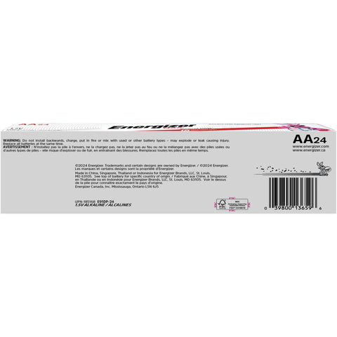 Back view of Max Alkaline AA Batteries 24 Pack box showing warnings and barcode