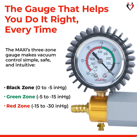 Maxi Manual Vacuum Pump for Precise Suction Control 0-30 Hg with pressure gauge showing black, green, red zones