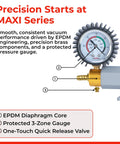 Maxi Manual Vacuum Pump For Precise Suction Control 0-30 Hg 0-760 MmHg With pressure gauge, brass components, and release valve.