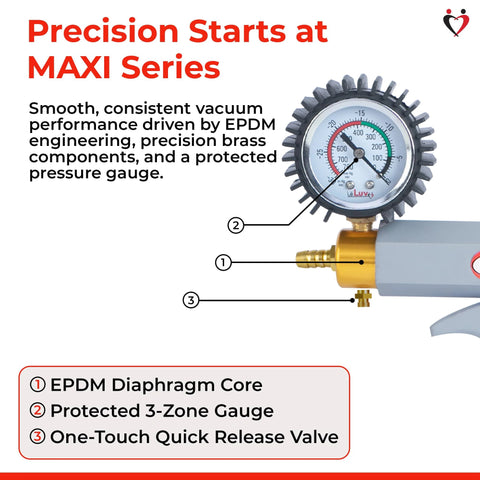 Maxi Manual Vacuum Pump For Precise Suction Control 0-30 Hg 0-760 MmHg With pressure gauge, brass components, and release valve.