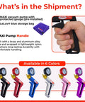 LeLuv Maxi Vacuum Pump collage; front view of manual pump with gauge and nylon handle in six color options.
